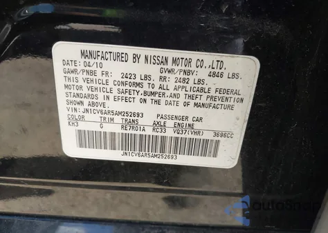 2010 Infiniti G37X z USA, uszkodzony, nr VIN JN1CV6AR5AM252693